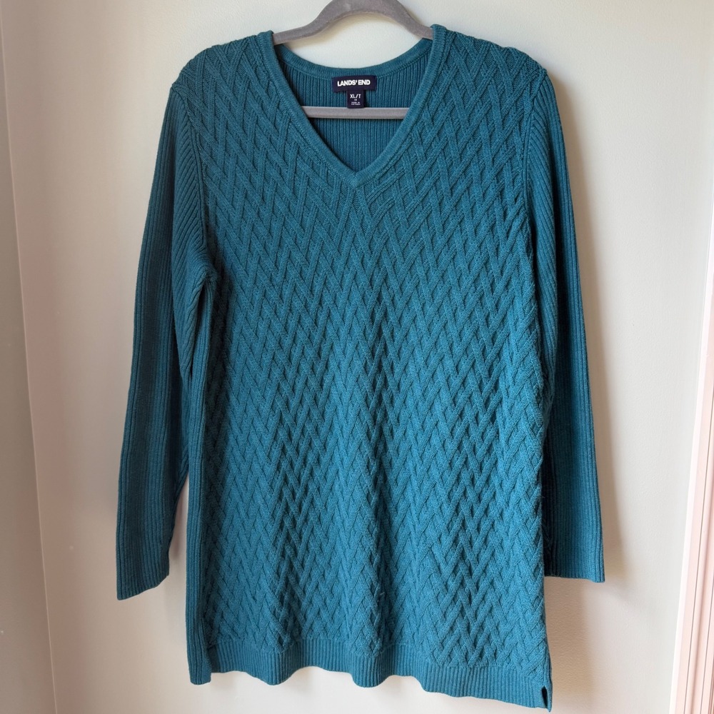 Lands' End Cable Knit Sweater 100% Cotton Lattice V-Neck Blue Tunic Length XL/T